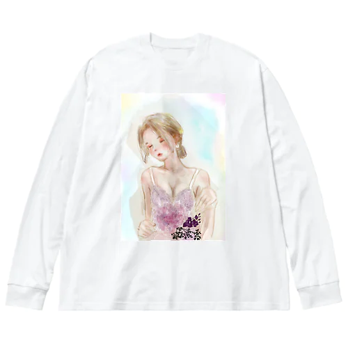 花を持つ女性 ビッグシルエットロングスリーブTシャツ