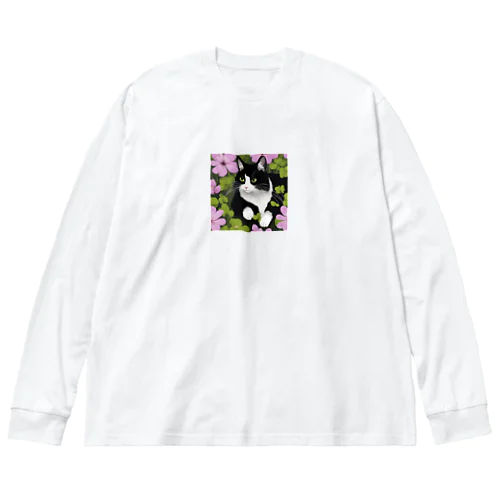 ハチワレ白黒猫とオキザリス Big Long Sleeve T-Shirt