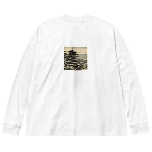 モノクロ山と寺 Big Long Sleeve T-Shirt