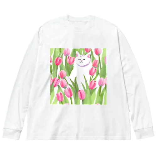 チューリップと白猫ちゃん Big Long Sleeve T-Shirt