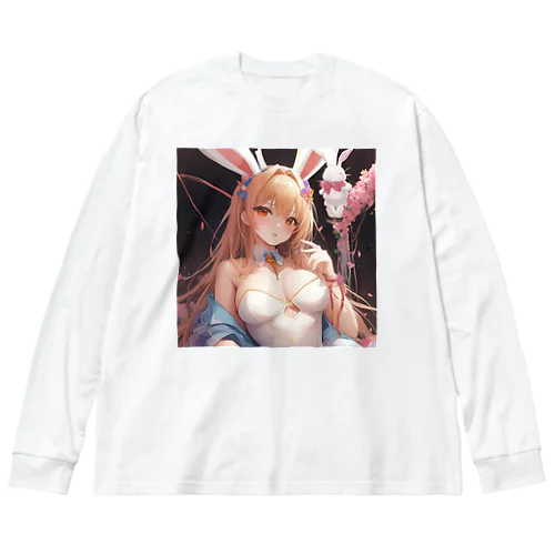 白バニーガールとウサギ ビッグシルエットロングスリーブTシャツ