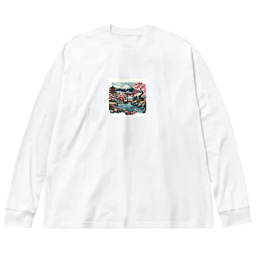 和の風景 - 富士山と桜 ビッグシルエットロングスリーブTシャツ