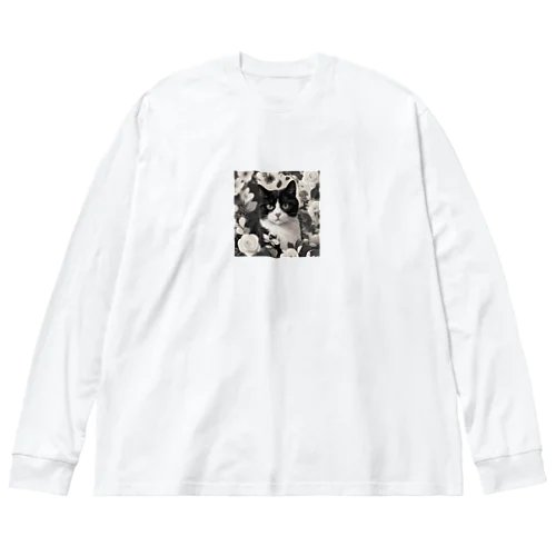 ハチワレ白黒猫とジャスミン ビッグシルエットロングスリーブTシャツ