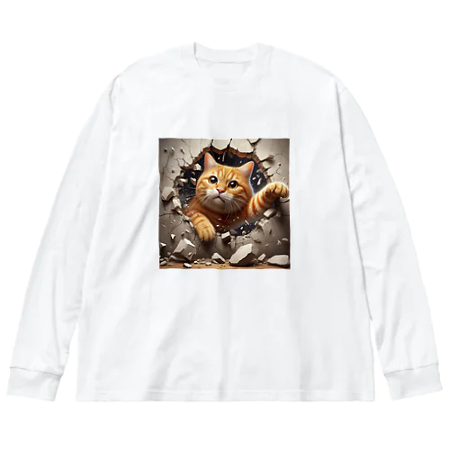 壁を壊しまくる猫 ビッグシルエットロングスリーブTシャツ