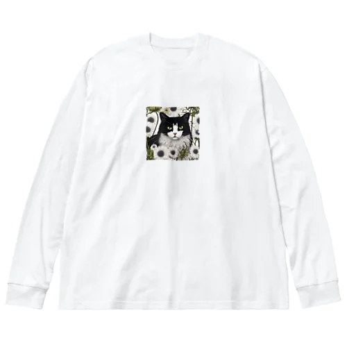 ハチワレ白黒猫とスカビオサ ビッグシルエットロングスリーブTシャツ