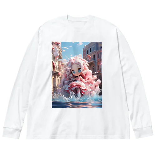 水たまりとピンクガール ビッグシルエットロングスリーブTシャツ