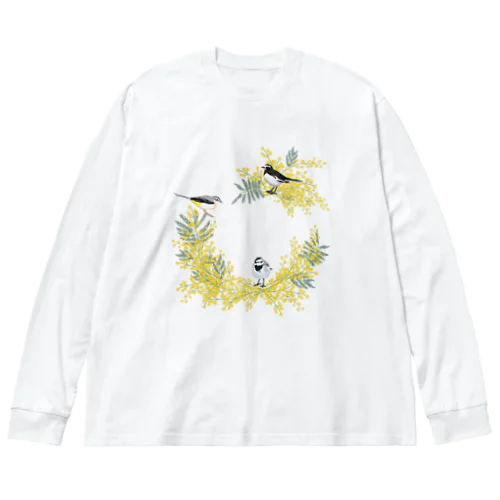 鶺鴒さんとミモザのリース（枝なし） Big Long Sleeve T-Shirt