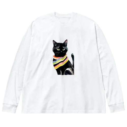 黒猫と虹の首輪 ビッグシルエットロングスリーブTシャツ