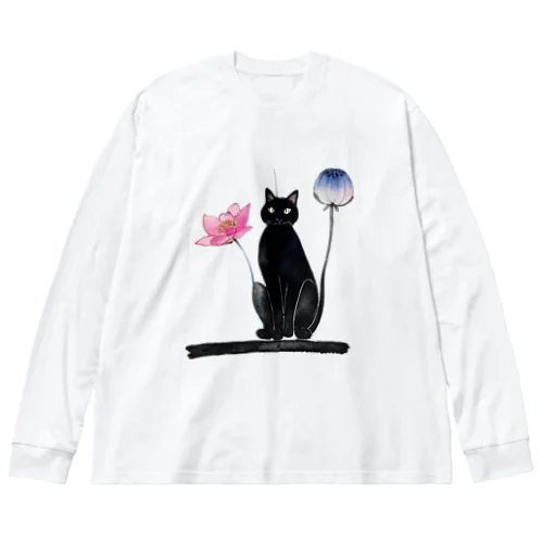 黒猫と花 ビッグシルエットロングスリーブTシャツ