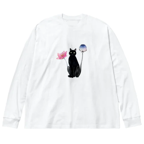 黒猫と花 ビッグシルエットロングスリーブTシャツ