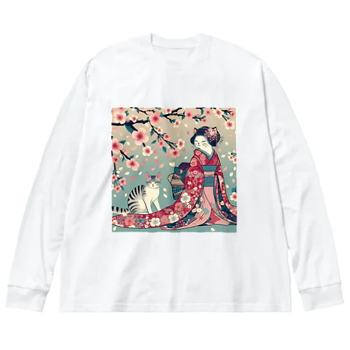 和風cat 見返り桜 ビッグシルエットロングスリーブTシャツ