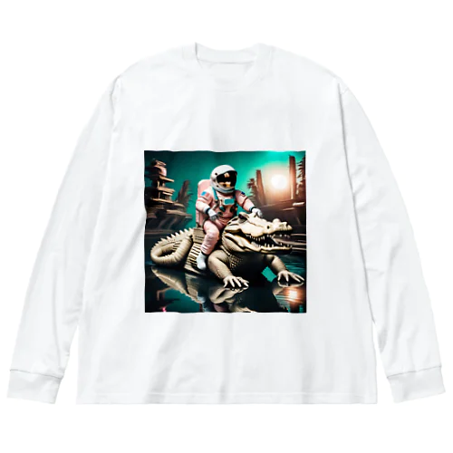 Astronaut riding a crocodile ビッグシルエットロングスリーブTシャツ