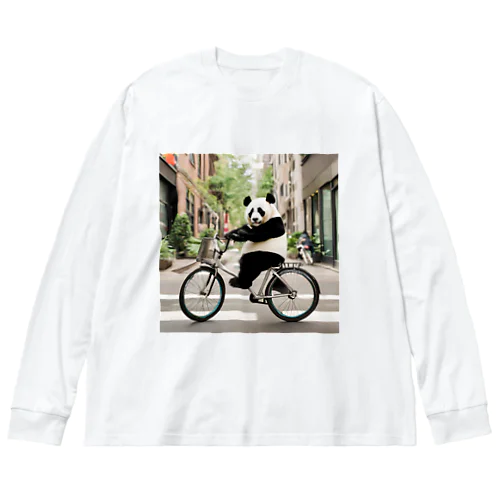 街の中を自転車で走るパンダ ビッグシルエットロングスリーブTシャツ