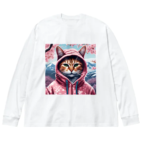 桜舞うなかオシャン猫 ビッグシルエットロングスリーブTシャツ