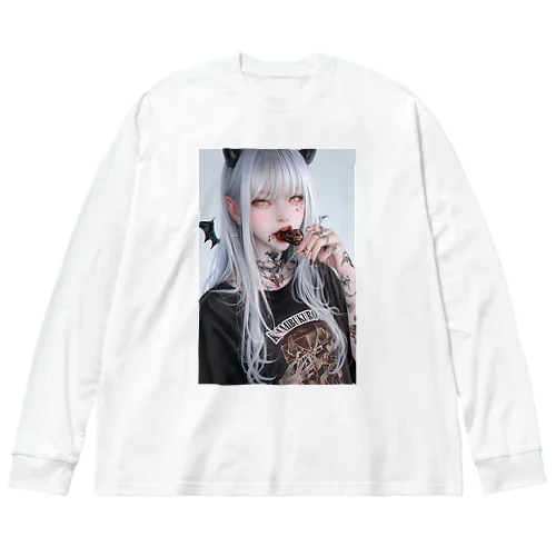 チョコを咥える悪魔美女 ビッグシルエットロングスリーブTシャツ