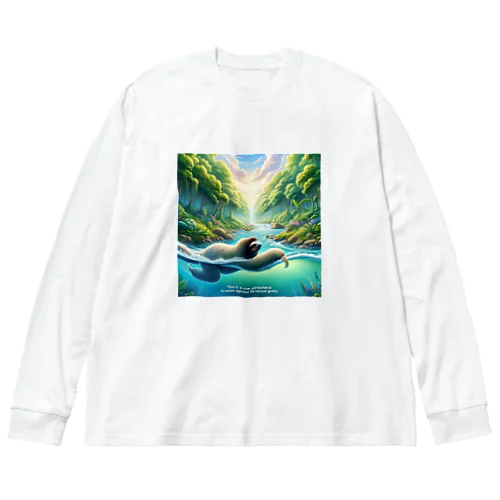 時間の流れを象徴する川の中でゆったりと泳ぐ、ナマケモノの姿🌿 Big Long Sleeve T-Shirt