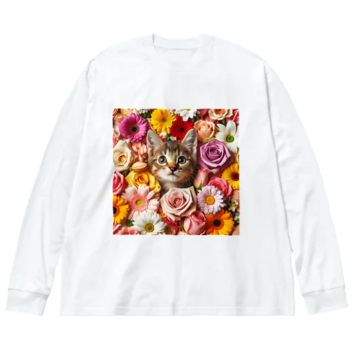 美しい花々と可愛らしい子猫 ビッグシルエットロングスリーブTシャツ