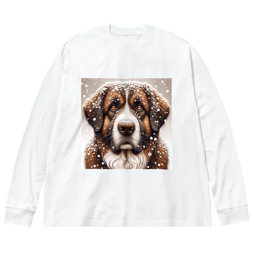 雪の中しかめっ面の犬さん ビッグシルエットロングスリーブTシャツ