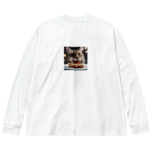 ごはんを食べている猫 ビッグシルエットロングスリーブTシャツ