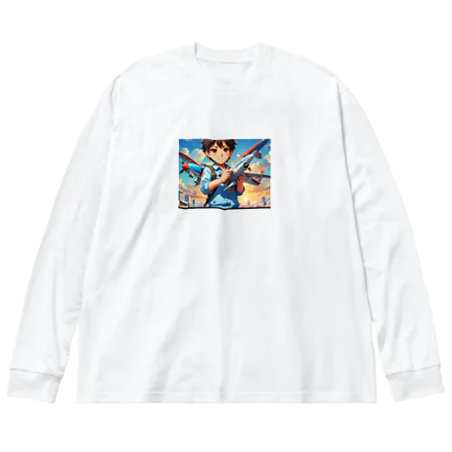 空を駆けるかっこいい飛行機模型を手にした子供 Big Long Sleeve T-Shirt