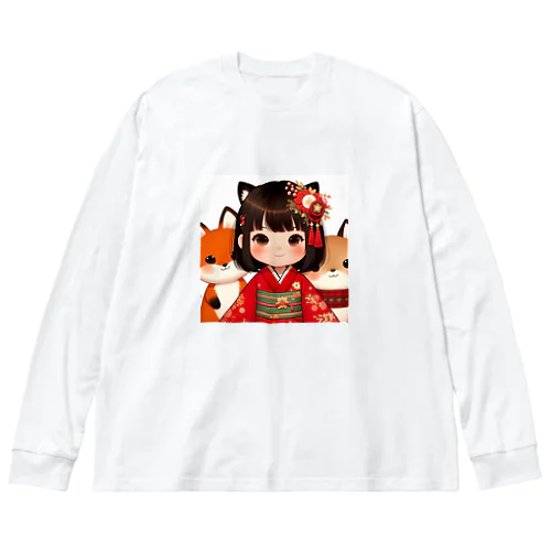 狐娘とかわいい狐 ビッグシルエットロングスリーブTシャツ