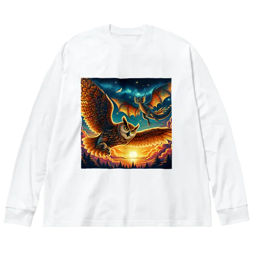 フクロウとドラゴンが空中散歩中 Big Long Sleeve T-Shirt