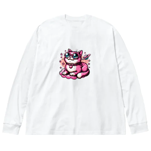 宇宙を見つめるピンク色の猫 ビッグシルエットロングスリーブTシャツ