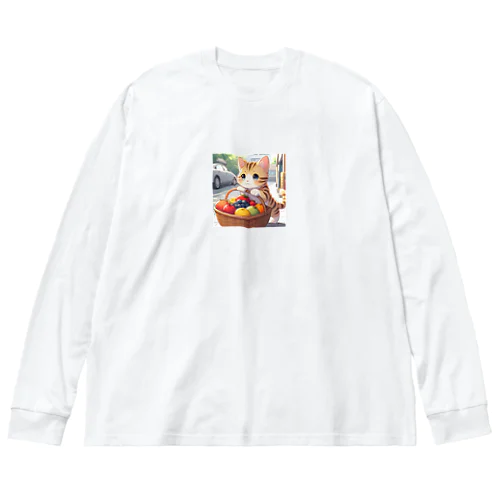 フルーツを運んでいる猫 ビッグシルエットロングスリーブTシャツ