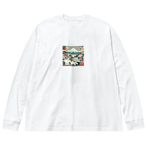 和紋様 x 猫　伝統的な和の休息 ビッグシルエットロングスリーブTシャツ