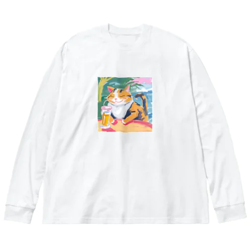 ビールを飲んで幸せそうなネコさん Big Long Sleeve T-Shirt