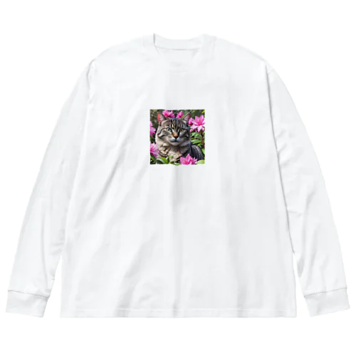 色鮮やかなシャクナゲと猫 Big Long Sleeve T-Shirt