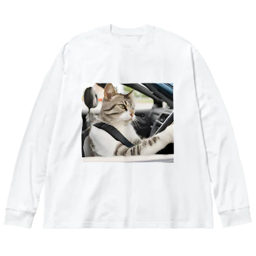 運転する猫ミーム ビッグシルエットロングスリーブTシャツ