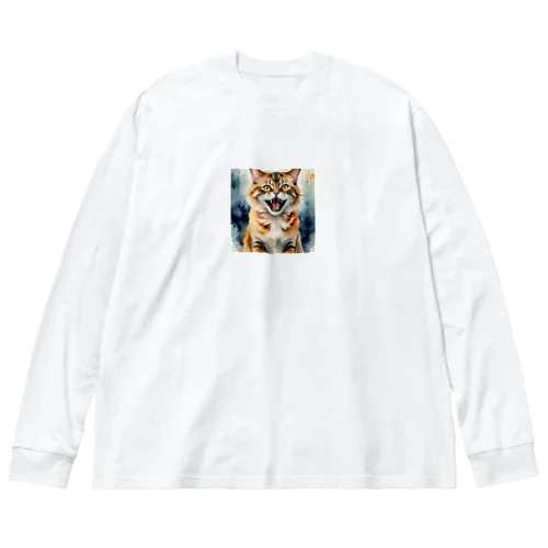 怒った猫の表情が鮮やかに描かれた水彩画 ビッグシルエットロングスリーブTシャツ