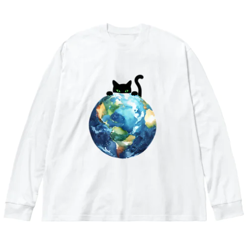 地球と黒猫 ビッグシルエットロングスリーブTシャツ