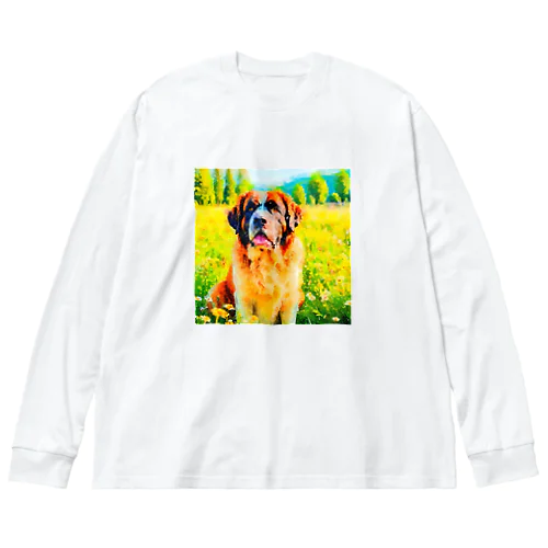 水彩画の犬 花畑のセントバーナードのイラスト ビッグシルエットロングスリーブTシャツ