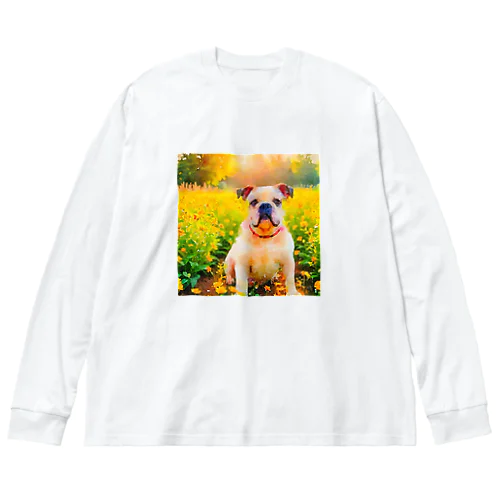 水彩画の犬 花畑のブルドッグのイラスト Big Long Sleeve T-Shirt