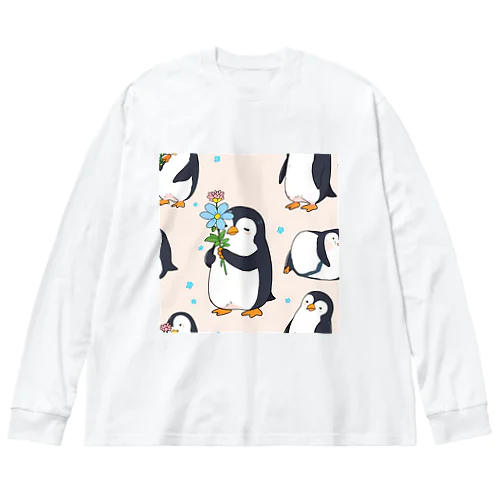 花を持ったかわいいペンギン ビッグシルエットロングスリーブTシャツ