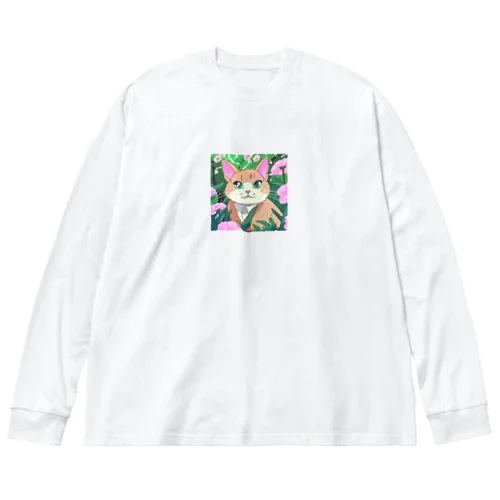 アニメ調・花畑の猫 ビッグシルエットロングスリーブTシャツ