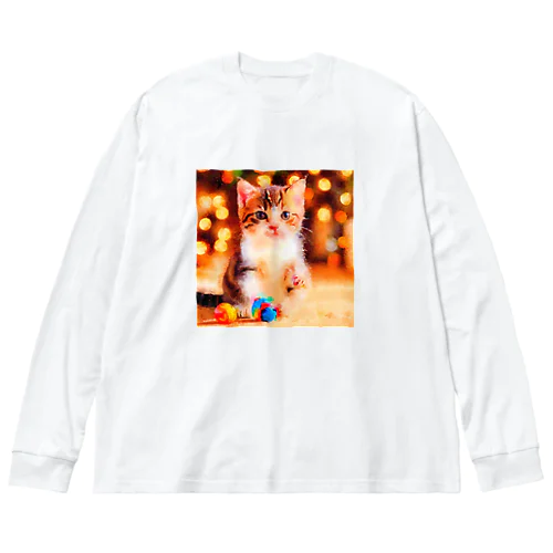 猫の水彩画/キジシロねこのイラスト/おもちゃで遊ぶキジ白ネコ Big Long Sleeve T-Shirt