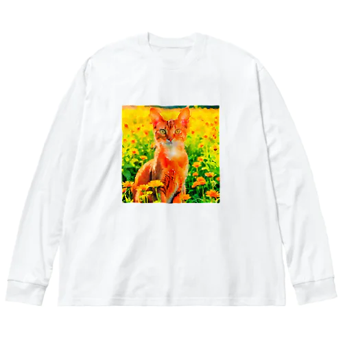 猫の水彩画/花畑のアビシニアンねこのイラスト/茶トラネコ Big Long Sleeve T-Shirt