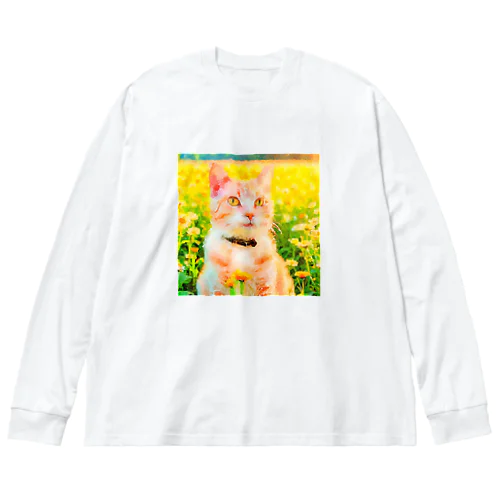 猫の水彩画/花畑のチャシロねこのイラスト/茶白ネコ ビッグシルエットロングスリーブTシャツ