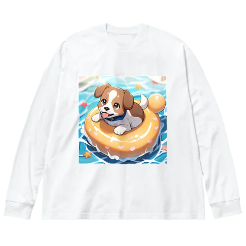 海水浴してるワンコちゃん ビッグシルエットロングスリーブTシャツ