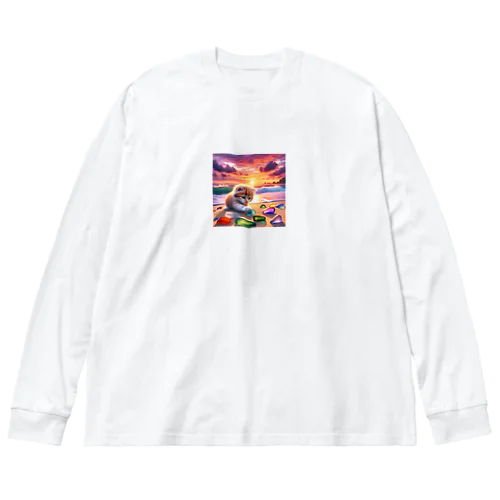 夕日の中シーガラスで遊ぶ子猫 Big Long Sleeve T-Shirt