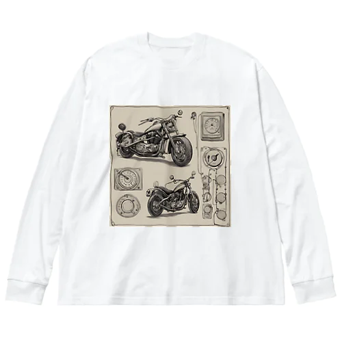 クラシックバイクの設計図と計器類 ビッグシルエットロングスリーブTシャツ