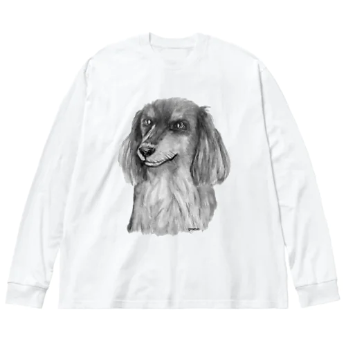 ダックス　アート犬モノクロ　ブラックタン ビッグシルエットロングスリーブTシャツ