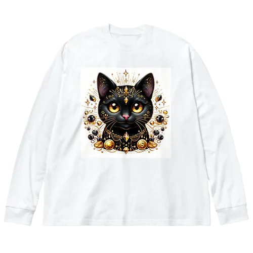 金運の黒猫の神様 ビッグシルエットロングスリーブTシャツ