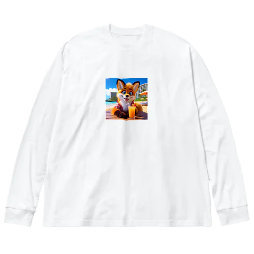 ハワイのリゾートビーチでトロピカルドリンクを飲んでいる陽気なキツネ④ Big Long Sleeve T-Shirt