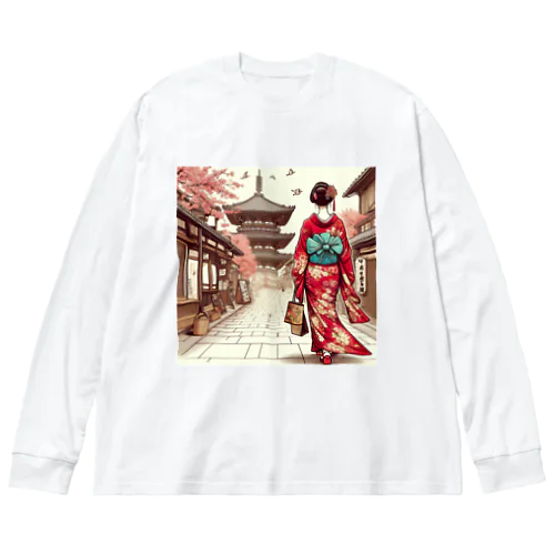 京都を歩く着物美人イラスト ビッグシルエットロングスリーブTシャツ