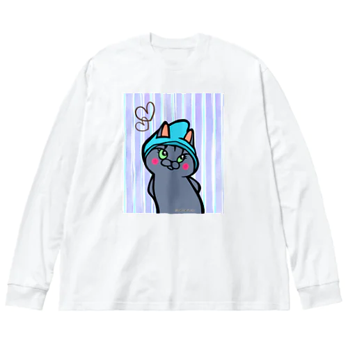 青い帽子の猫 ビッグシルエットロングスリーブTシャツ