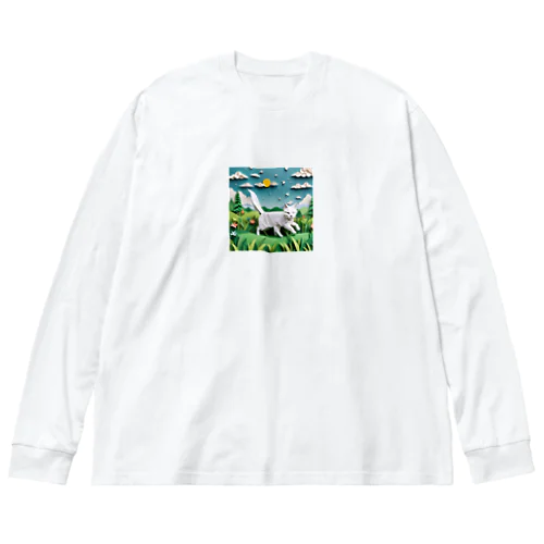 折り紙　草原を駆け回っている猫 Big Long Sleeve T-Shirt